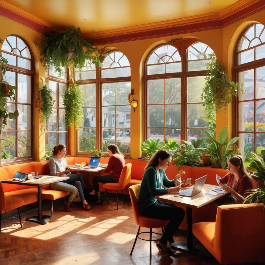 A warm, inviting scene showing a diverse group of people in a cozy café, engaging in passionate discussions over laptops and notebooks, surrounded by colorful art and plants. Soft sunlight filters through large windows, illuminating a bulletin board full of creative thoughts and ideas. Visual elements of creativity and knowledge sharing are emphasized, with vibrant colors and a welcoming atmosphere. super-realistic. vibrant colors. cozy interior.