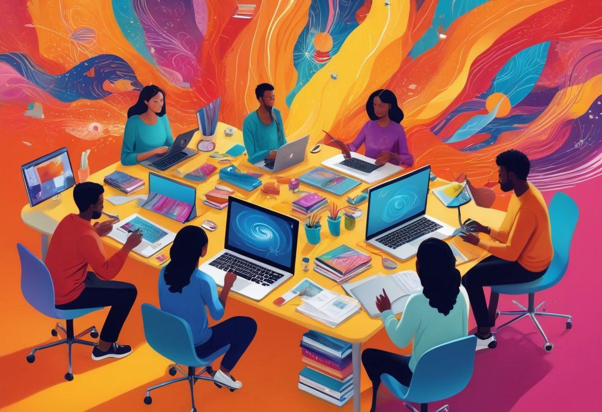A vivid illustration of a diverse group of individuals engaged in digital storytelling, surrounded by vibrant imagery of books, laptops, and art supplies symbolizing knowledge sharing. The background features abstract patterns representing creativity flowing through technology. The scene should evoke a sense of empowerment and collaboration. super-realistic. vibrant colors. dynamic composition.