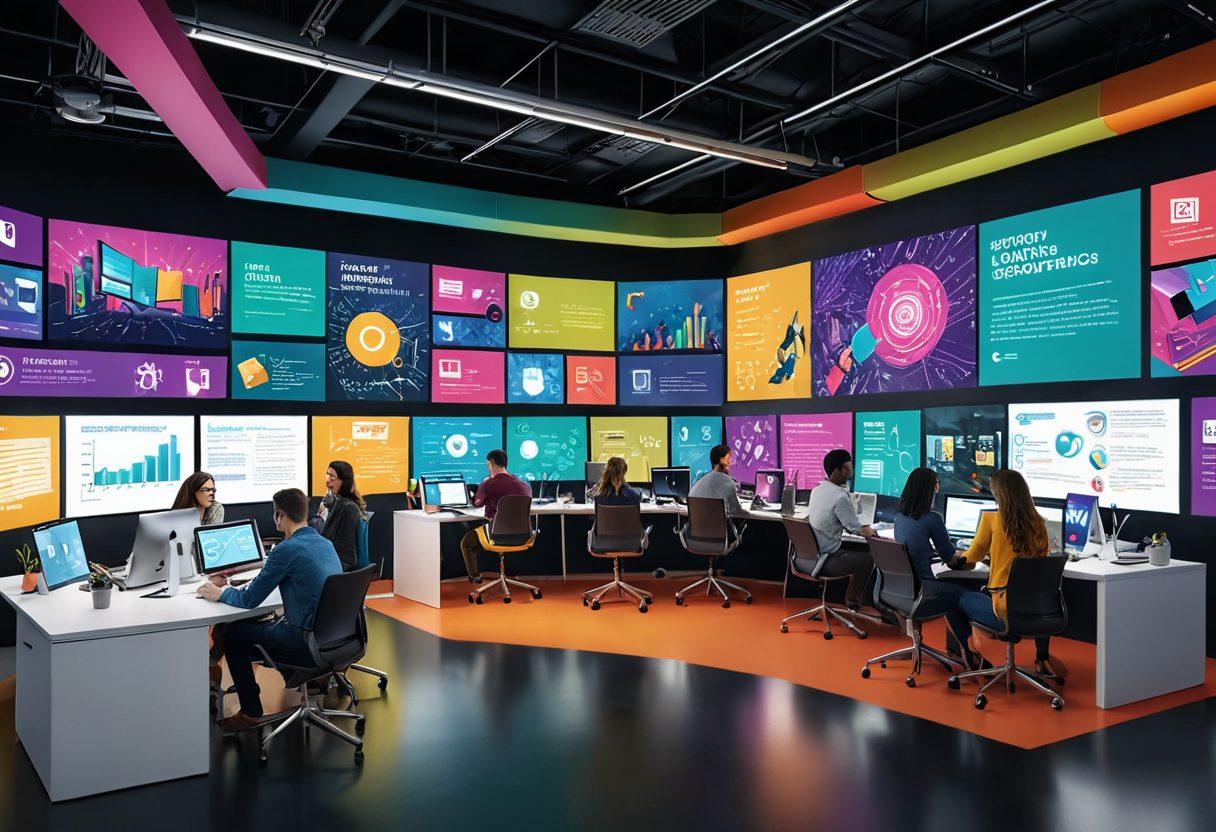 A vibrant and engaging digital workspace showcasing diverse individuals collaborating on interactive content creation. Include elements like vibrant screens displaying articles transforming into dynamic infographics and videos, set against a backdrop of technological tools and creative resources. The essence of empowerment and user interaction should radiate through the scene. bright colors. 3D. modern art.